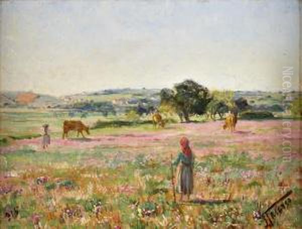 Paisagem Com Vacas E Figuras Oil Painting by Falcao Trigoso
