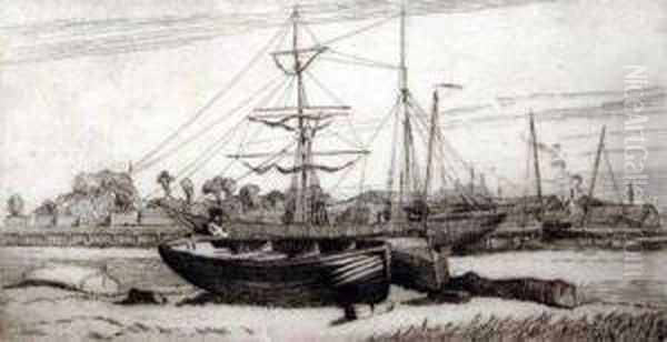 Lowestoft Harbour Oil Painting by Horace W Tuck