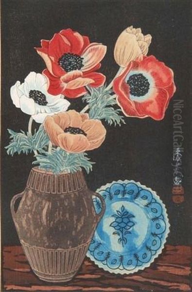 Poppies In A Two Handled Jug Oil Painting by Yoshijiro Urushibara