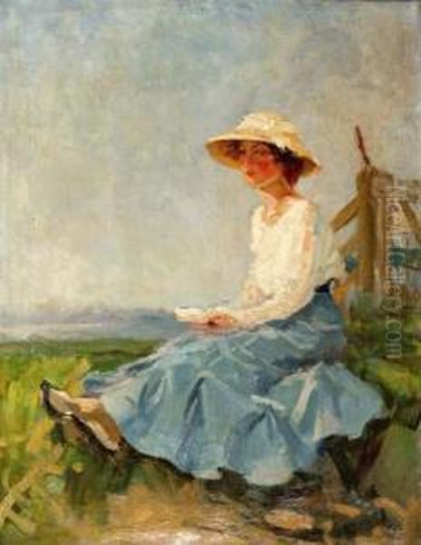 Elegant Meisje Zittend Bij Een Hek Oil Painting by Willem F.A.I. Vaarzon Morel