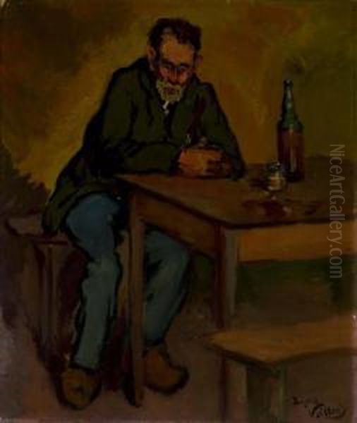 A Peasant Seated At A Table. Oil Painting by Jacques Gaston E. Vaillant