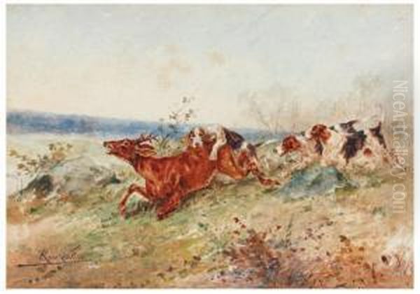 Chiens Et Cerf Oil Painting by Rene Valette