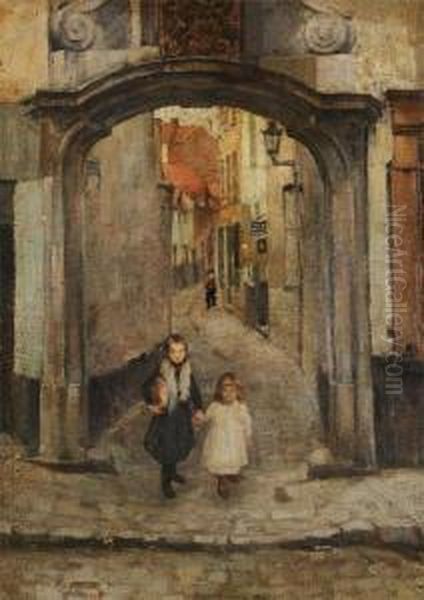 A Pair Of Sisters Near The Church Gate Oil Painting by Jean Van Cleemput