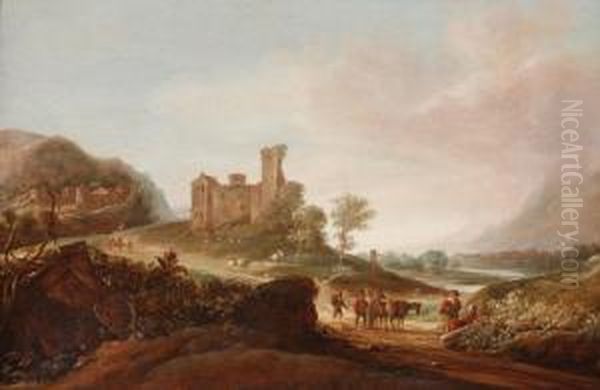 A Mountainouslandscape With Travellers In A Lane, In The Background A Castle Anda Village At The Horizon Oil Painting by Cornelis Symonsz. Van Der Schalcke