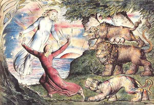 Inferno, Canto I, 1-90 Dante running from three beasts is rescued by Virgil Oil Painting by William Blake