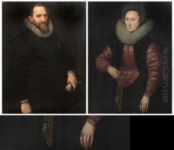 Portrait Of A Gentleman, Three-quarter-length, In A Black Costumewith White Ruff, Holding A Pair Of Gloves Oil Painting by Cornelis van der Voort