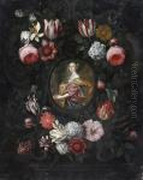 Portrait De Femme Dans Un Cartouche Sculpte Orne De Fleurs Oil Painting by Jan van Kessel