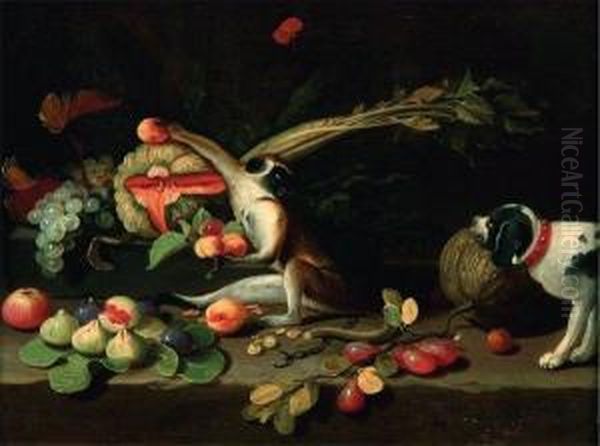 Singes Et Chiens Jouant Avec Des Fruits Oil Painting by Jan Iii Van Kessel