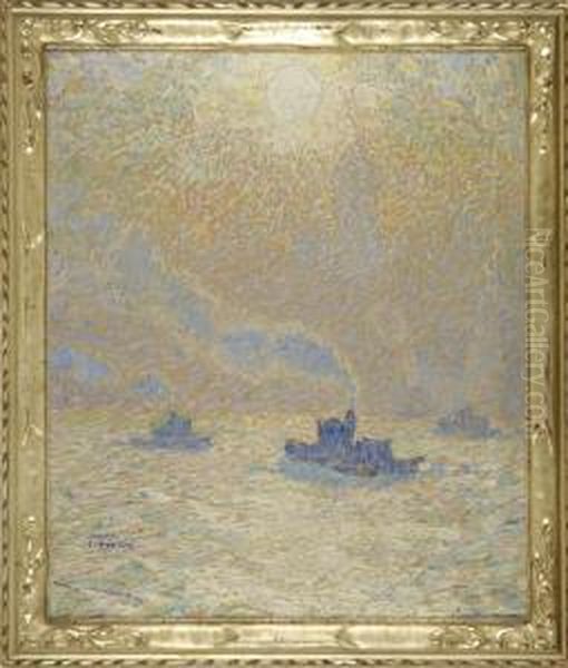 Tugboats On A River Oil Painting by Dearing Van Perrine