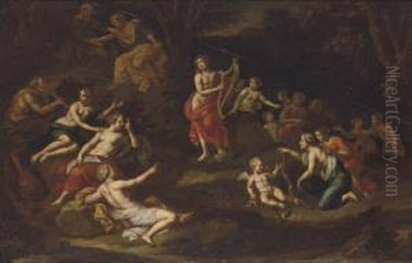 The Judgement Of Midas - The Lid Of A Cembalo Oil Painting by Carel van Savoy