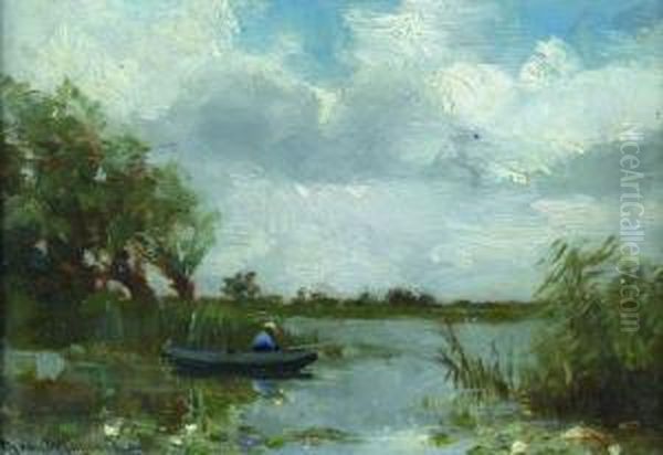 Polderlandschapmet Visser In Een Bootje Oil Painting by Theodorus Van Wyngaarden