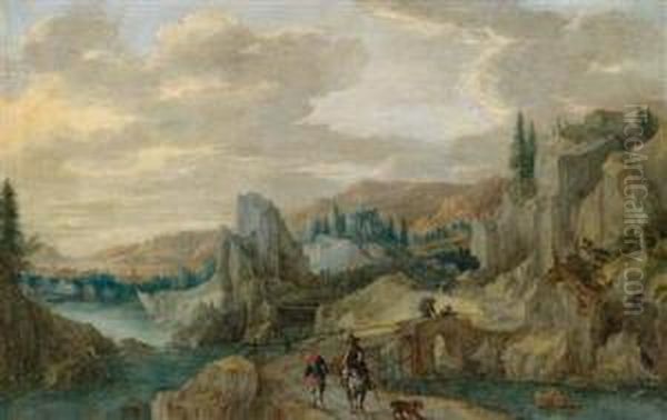 A Mountain Landscape With Two Huntsmen On Abridge And A Resting Chamois Hunter Oil Painting by Tobias van Haecht (see Verhaecht)