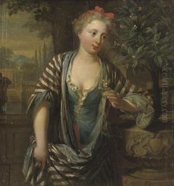 A Young Woman Holding A Flower Oil Painting by Nicholas Verkolje