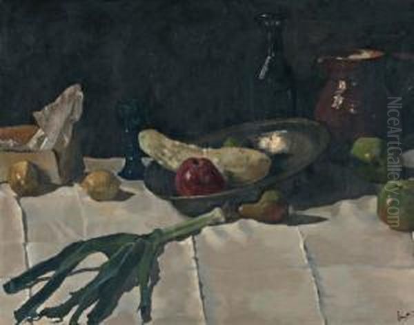 Stilleven Met Appel, Citroen En Prei Oil Painting by Lucas Verkoren