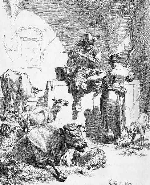 Shepherd at the Well with the Spinning Girl Oil Painting by Nicolaes Berchem