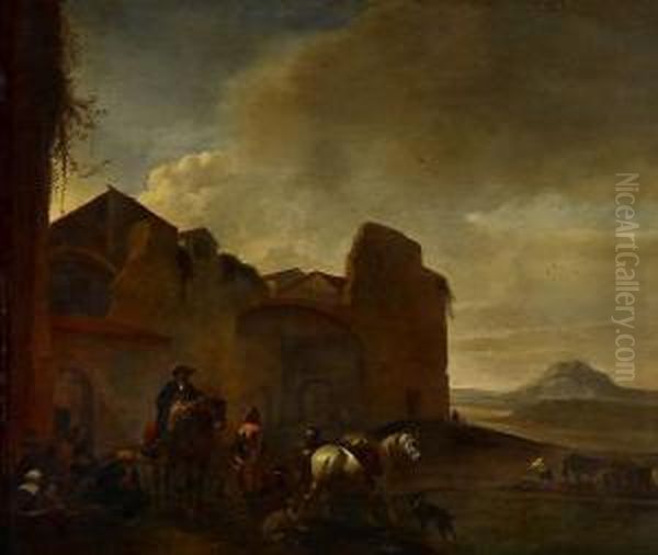 Rastende Reisende Vor Gewasserund Stadttor Im Hintergrund Oil Painting by Hendrick Verschuring