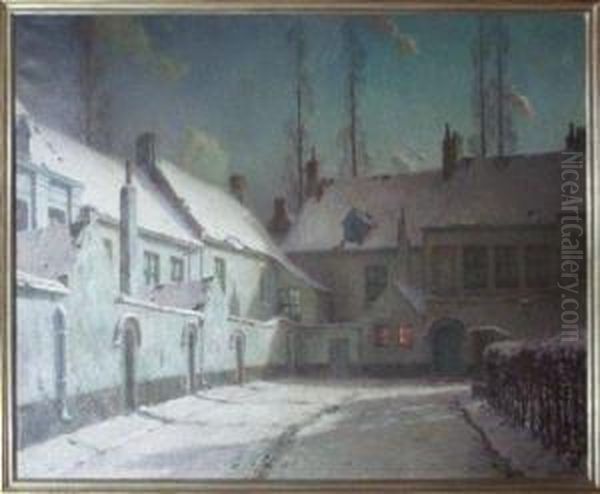Vue Du Beguinage De Courtrai Sous La Neige. Oil Painting by Emmanuel Vierin