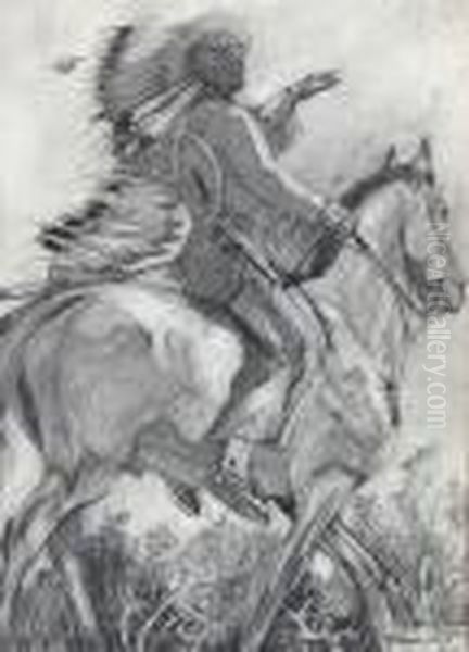Nearing Camp (indian On Horseback) Oil Painting by Hernando Gonzallo Villa