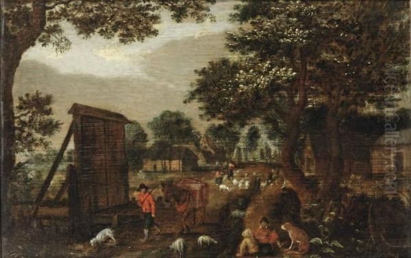A Village View With A Muleteer And Shepherds On A Track Oil Painting by David Vinckboons