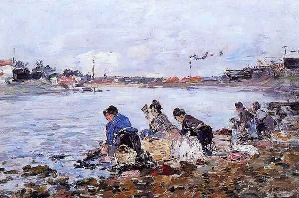 Laundresses on the Banks of the Touques VI Oil Painting by Eugene Boudin