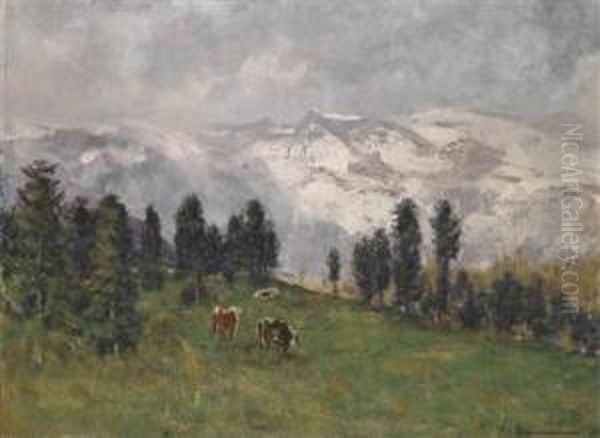 Pasture With Three Cows Oil Painting by Theodor, Freiherr Von Ehrmanns
