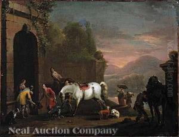 A Courtly Couplereceiving A Noble Visitor At A Castle In The Mountains Oil Painting by Carel van Falens or Valens