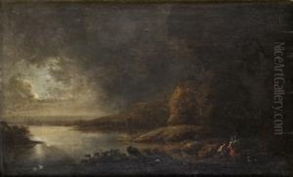 Klippigt Kustlandskap Med Figurer I Mansken Oil Painting by Theodor Caspar Von Furstenberg