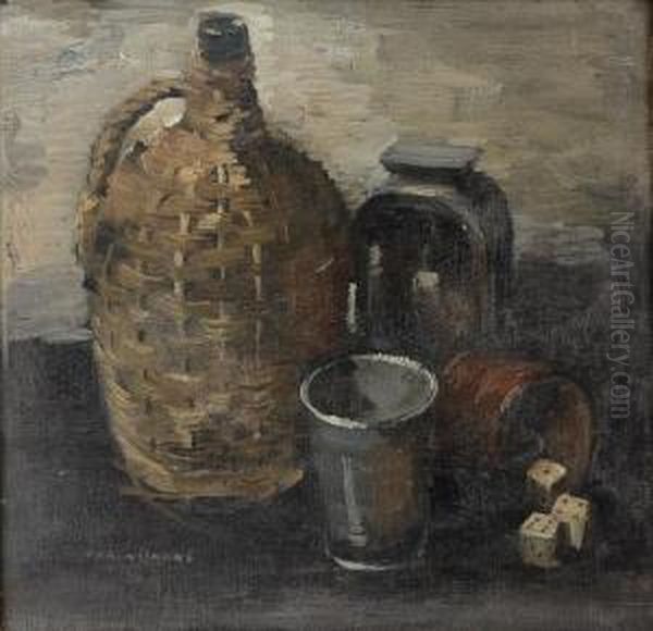Dice, Bottles Andglass Oil Painting by Carl Von Hanno