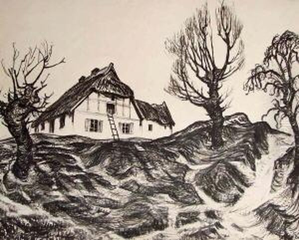 Haus Auf Der Dune Mit Leiter Am Giebel Oil Painting by Egon Oskar Von Kameke