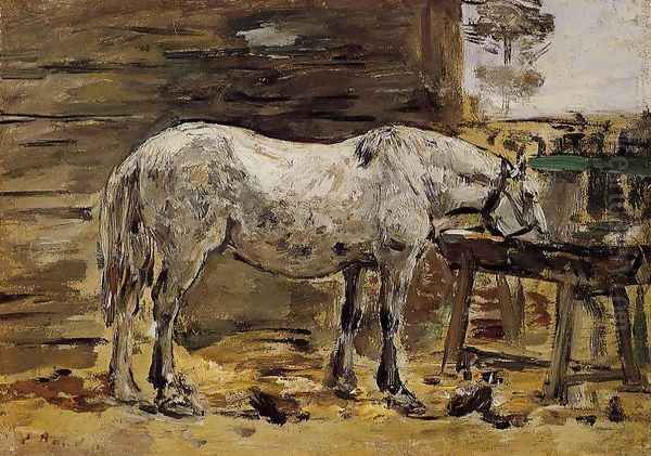 White Horse at the Feeding Trough Oil Painting by Eugene Boudin