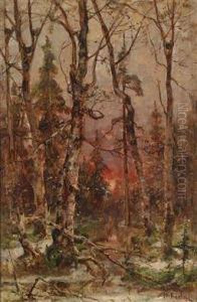 Winter Landscape In The Setting Sun Oil Painting by Iulii Iul'evich (Julius) Klever