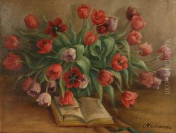 Stilleben Mit Tulpen Und Buch Oil Painting by Constantin Von Mitschke Collande