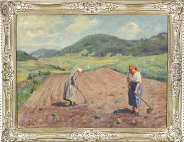 Zwei Bauerinnen Bei Der Feldarbeit Vor Weiter, Hugeliger Landschaft Oil Painting by Max Von Schellerer