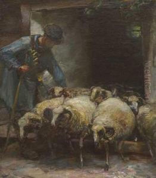 Schafer Mit Schippe Lasst Die Herde Aus Dem
Stall Oil Painting by Heinrich Johann Von Zugel