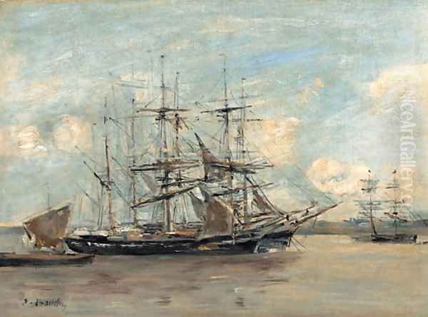Le Havre, trois-mats a l'ancre dans un bassin Oil Painting by Eugene Boudin