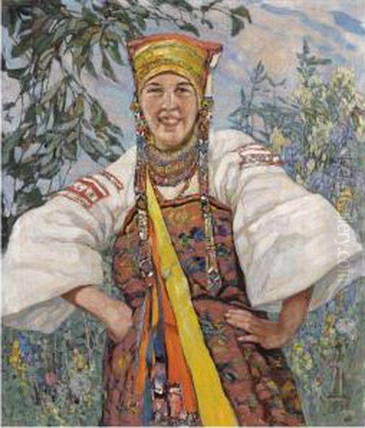 Young Woman In Traditional Ukrainian Costume Oil Painting by Konstantin Semionov. Vysotsky