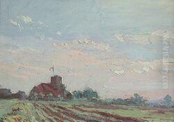Church Across Ploughed Field Oil Painting by William Washington