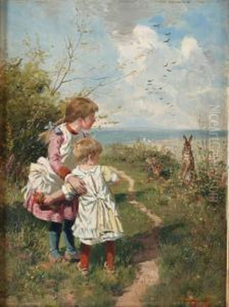 Landskap Med Barn Och Hare Oil Painting by Johannes Raphael Wehle