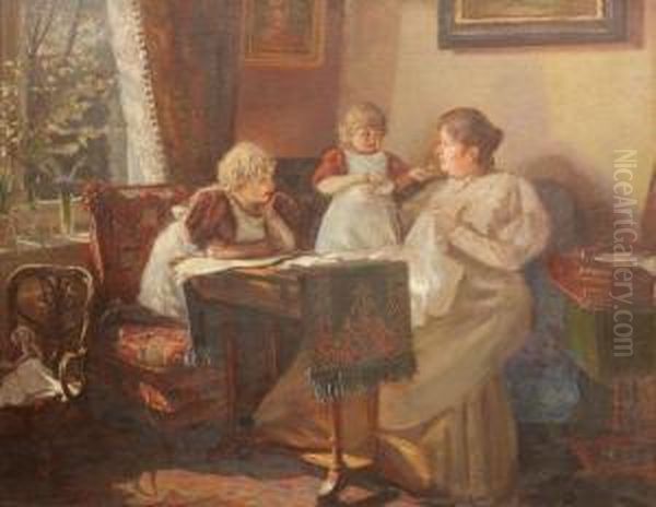 Mere Et Ses Filles. Oil Painting by Carl Wentorf