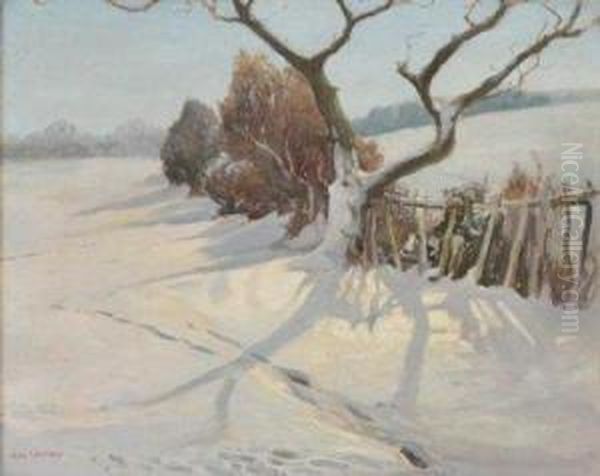 Winter Scene With Snow Bank And Tree Oil Painting by John Laviers Wheatley
