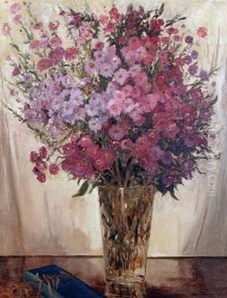 Purple Flowers In A Vase Oil Painting by John Laviers Wheatley