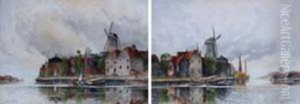 Dutch River Scenes With Various Shipping Oil Painting by Norris Fowler Willatt