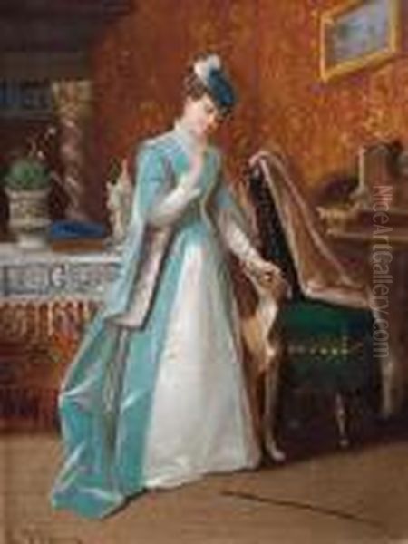 A Lady And Her Dog In An Interior Oil Painting by Louis Willems