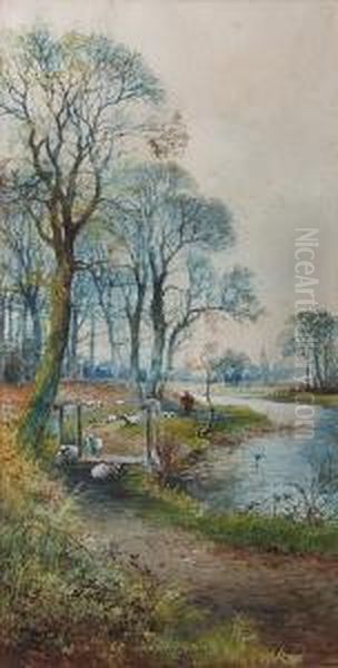 Drover And Sheep On A Riverside Path Oil Painting by Arthur Reginald Willett