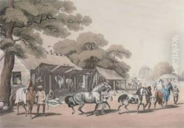 Sices, Or Grooms, Leading Out Horses Oil Painting by Samuel Howitt And Captain Thomas Williamson