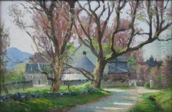 'early Spring' - Farm Buildings And Trees Oil Painting by Hugh Cameron Wilson