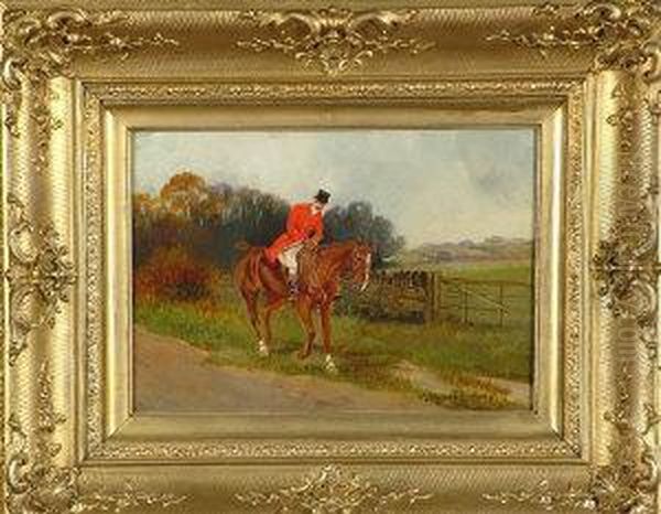 A Hunt Member Mounted On A Chestnut Horse Near A Seven-barred Gate Oil Painting by William Hardy Wilson