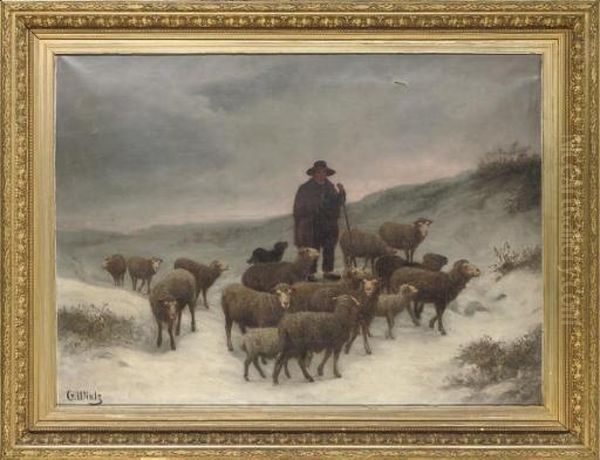 A Shepherd And His Flock In The Snow Oil Painting by Wilhem, Guillaume Wintz