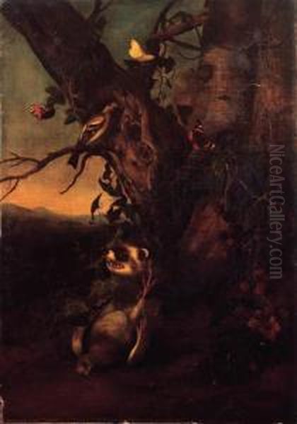 A Marten With A Dead Dove And Butterflies By The Foot Of A Tree Ina Landscape Oil Painting by Pieter Withoos