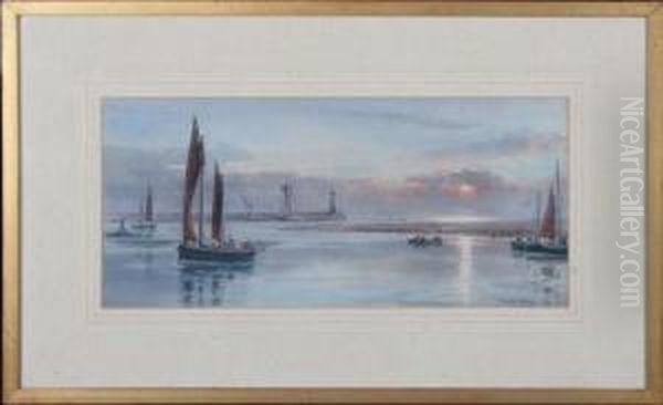 Fishing Boats At The Entrance To Berwick Harbour Oil Painting by Frank Watson Wood
